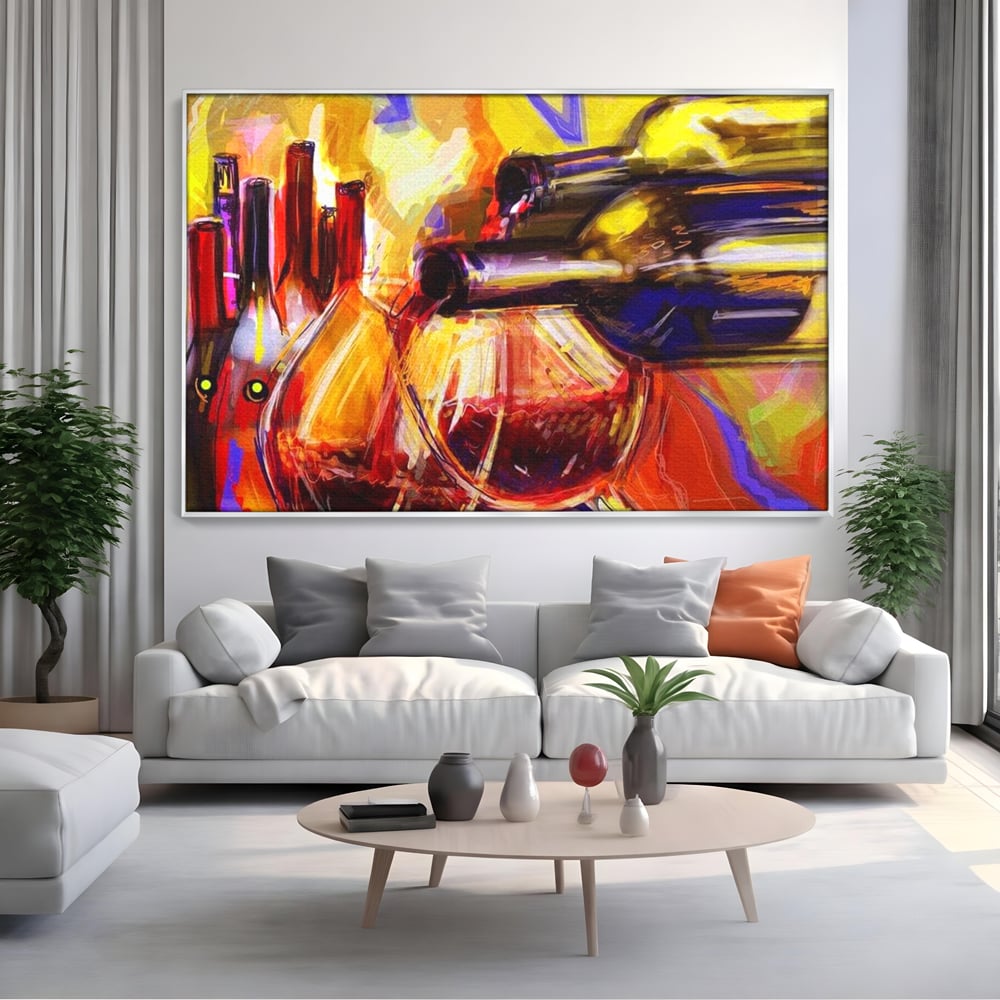 Tablou canvas cu pictura abstracta cu sticle si pahare de vin, in rama de aluminiu argintiu, pe perete intr-un living